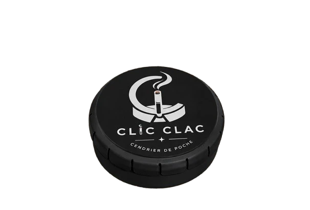 Cendrier de poche CLIC CLAC noir, fermé, marquage blanc.