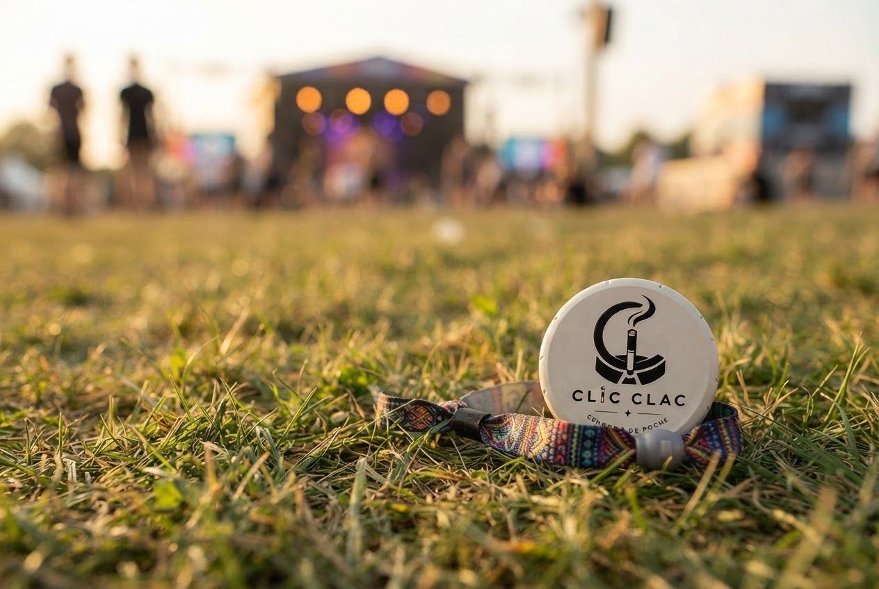 Un CLIC CLAC blanc dans l’herbe avec un bracelet de festival, scène floue en arrière-plan.