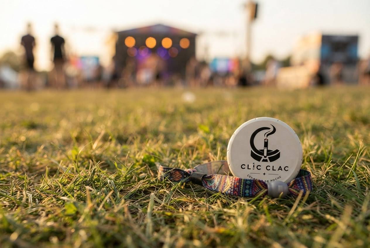 Un CLIC CLAC blanc dans l’herbe avec un bracelet de festival, scène floue en arrière-plan.