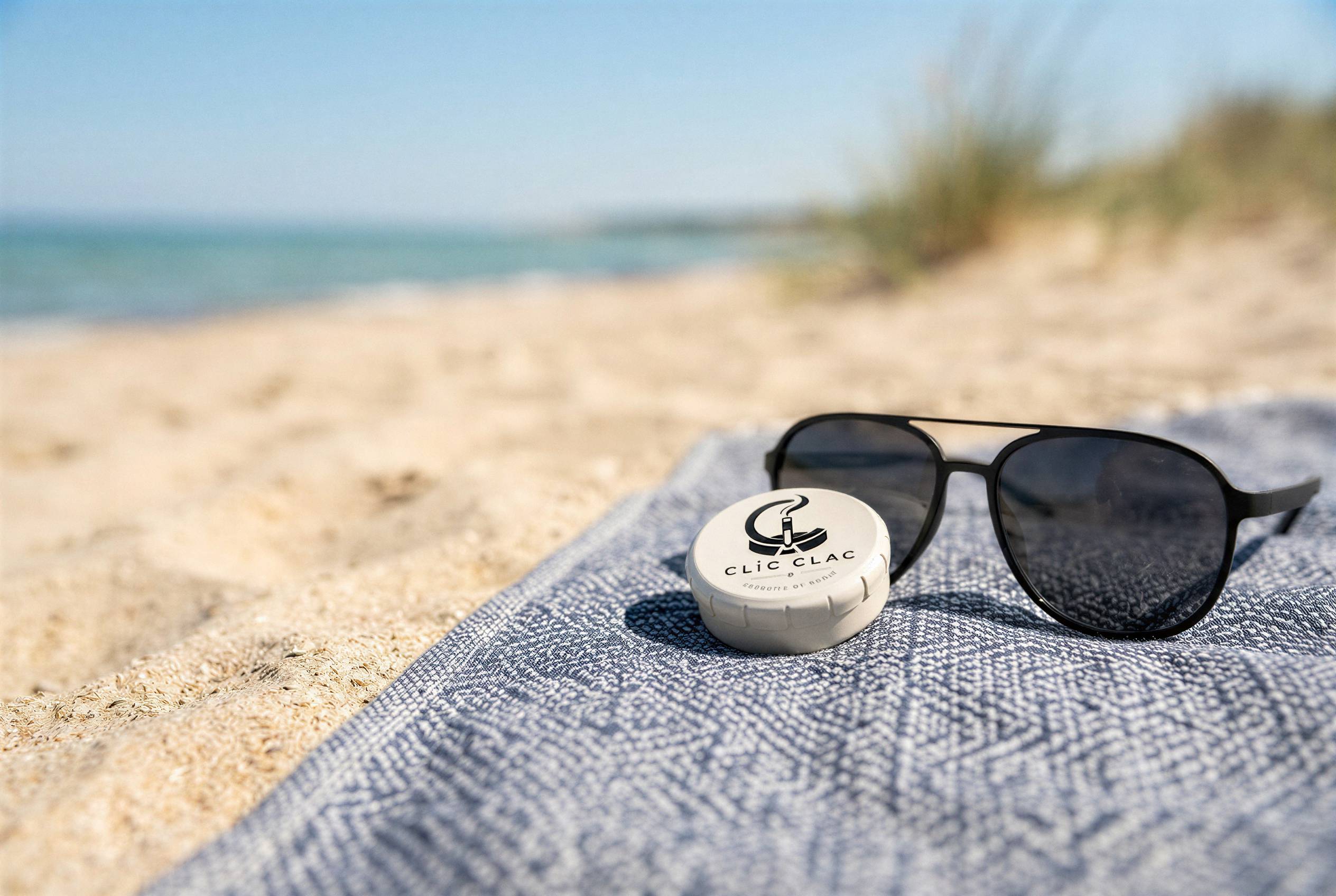 Un CLIC CLAC blanc sur une serviette de plage, à côté d’une paire de lunettes de soleil.