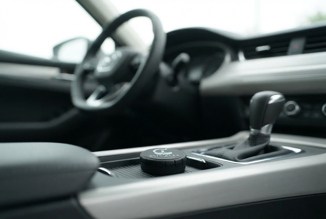 Un CLIC CLAC noir posé dans le vide-poche de la console d’une voiture.