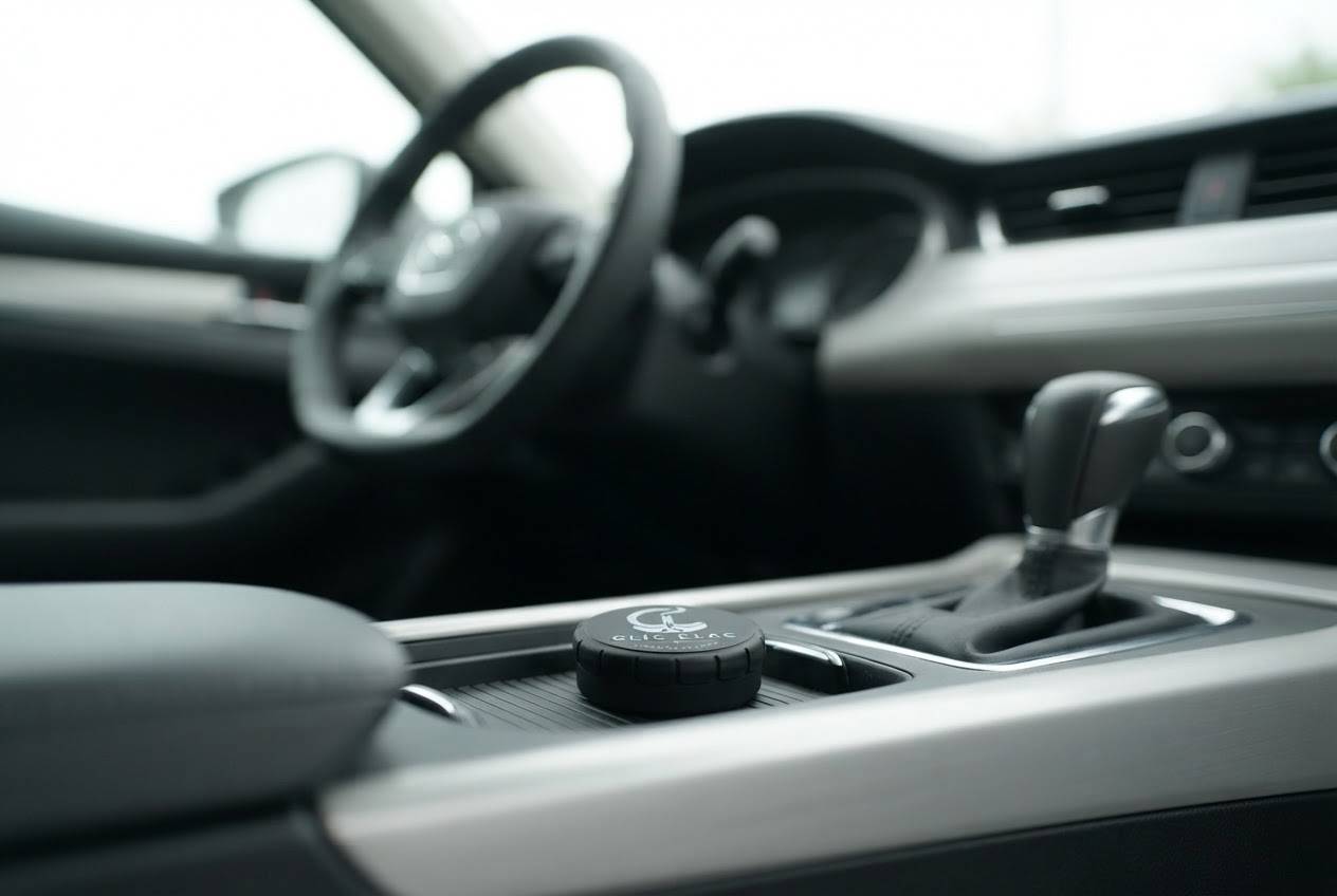 Un CLIC CLAC noir posé dans le vide-poche de la console d’une voiture.